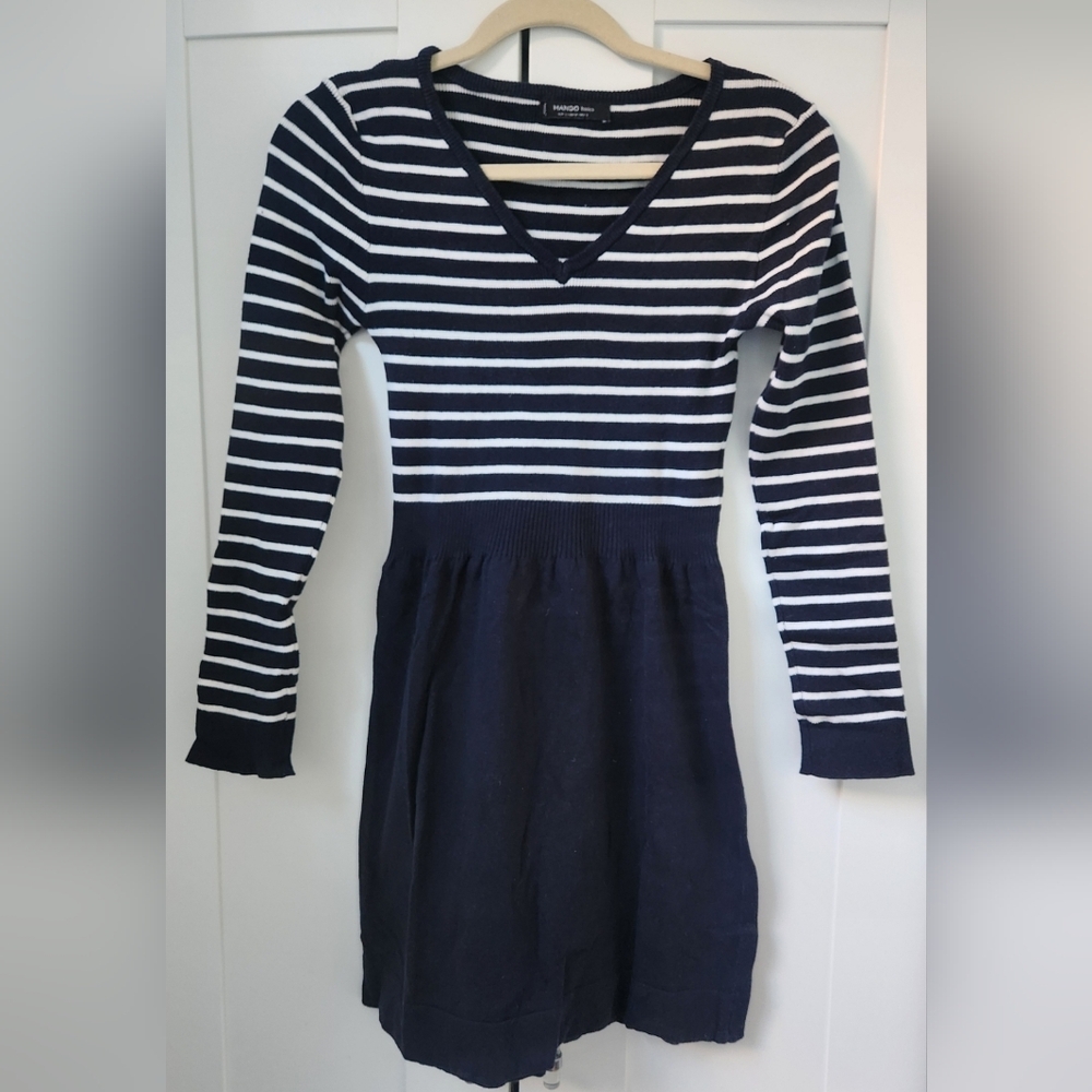 MANGO Striped Navy and White Knit Dress